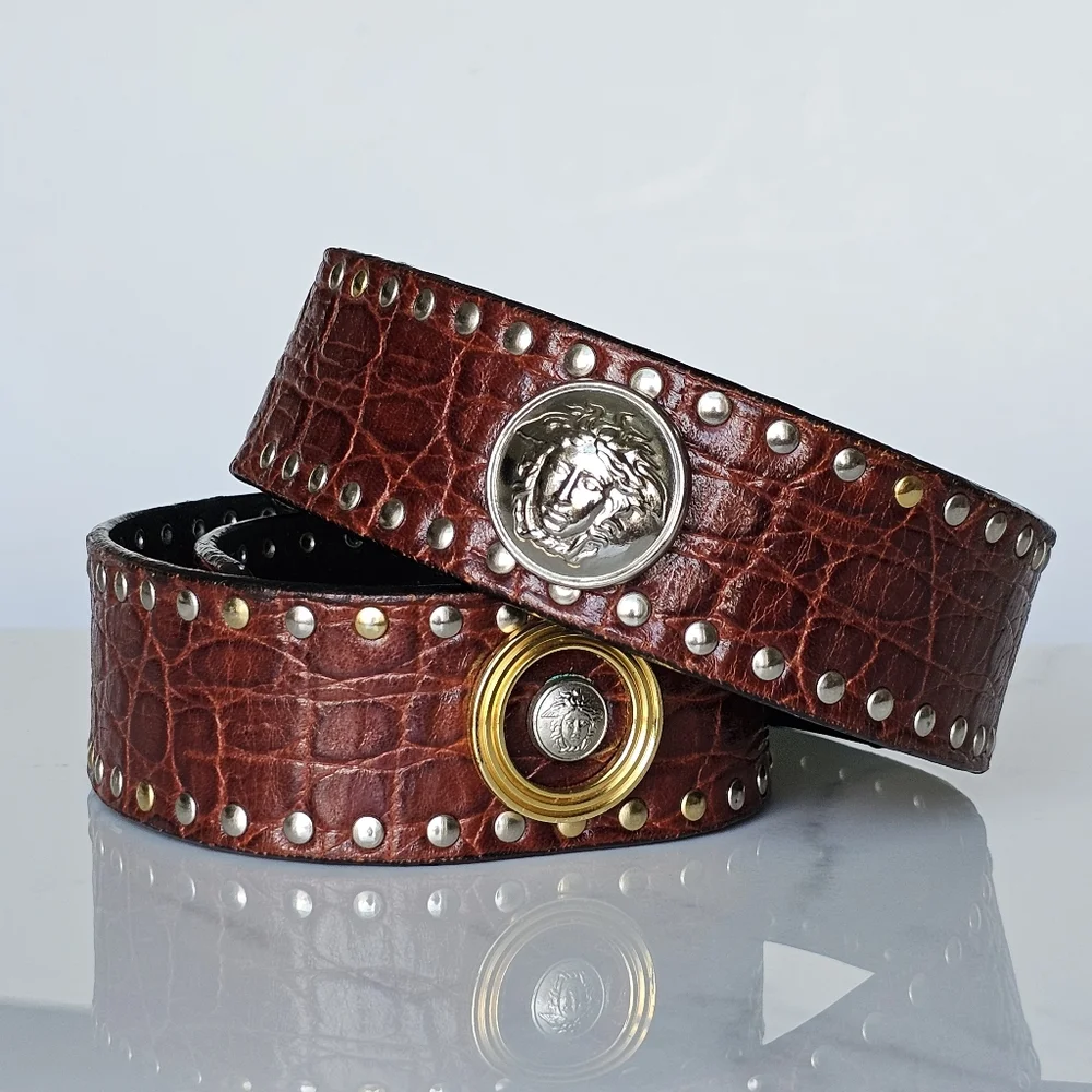✨ Vintage Gianni Versace Medusa Studded Leather Belt Brown Croc, Gold & Silver